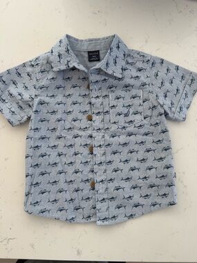 Nautica Boys Light Blue Short Sleeve Button-Down with Navy Shark Print